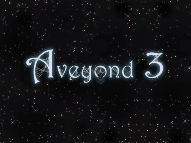 The Aveyond 3: Lord of Twilight title screen: Te'ijal, a red-haired vampire, and Galahad, a blonde knight, stand on a dramatic blue cliffside on a moonlit night.